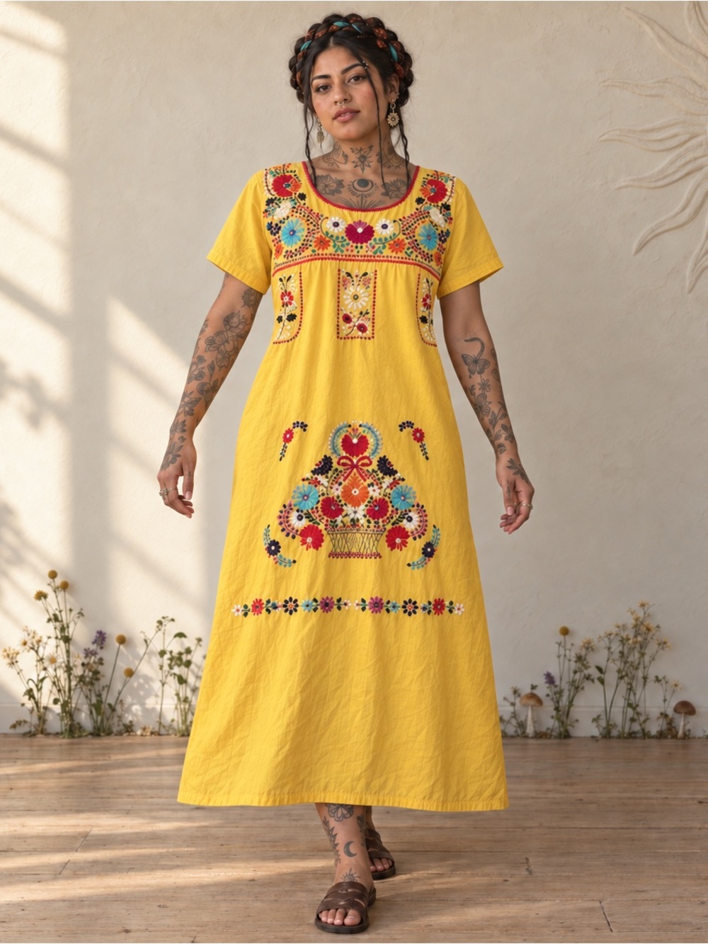 Hand Embroidered Mexican Oaxaca Yellow Floral Boho Folk Maxi Dress One Size